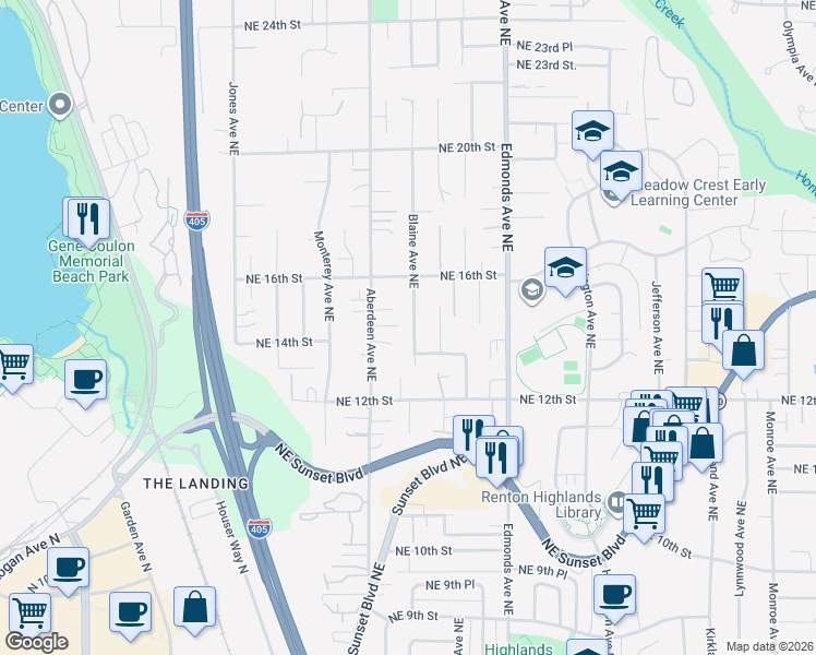 map of restaurants, bars, coffee shops, grocery stores, and more near 1401 Blaine Avenue Northeast in Renton