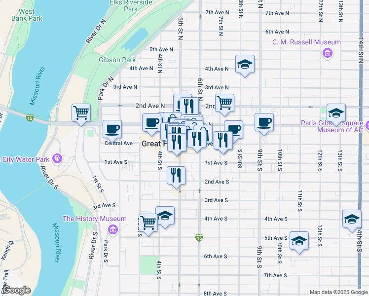map of restaurants, bars, coffee shops, grocery stores, and more near 506 Central Avenue in Great Falls