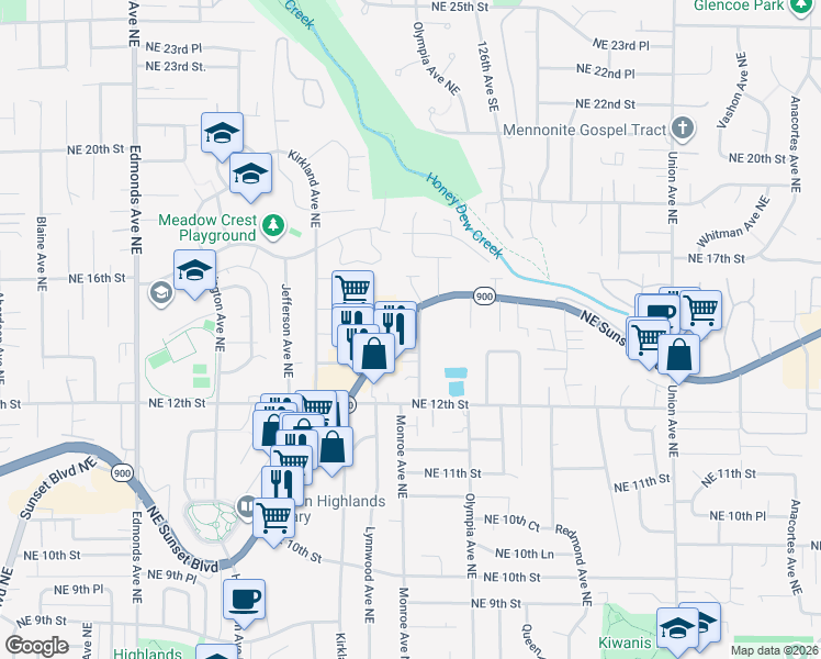map of restaurants, bars, coffee shops, grocery stores, and more near 1417 Monroe Avenue Northeast in Renton