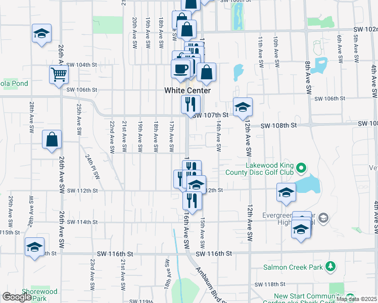 map of restaurants, bars, coffee shops, grocery stores, and more near 10790 16th Avenue Southwest in Seattle