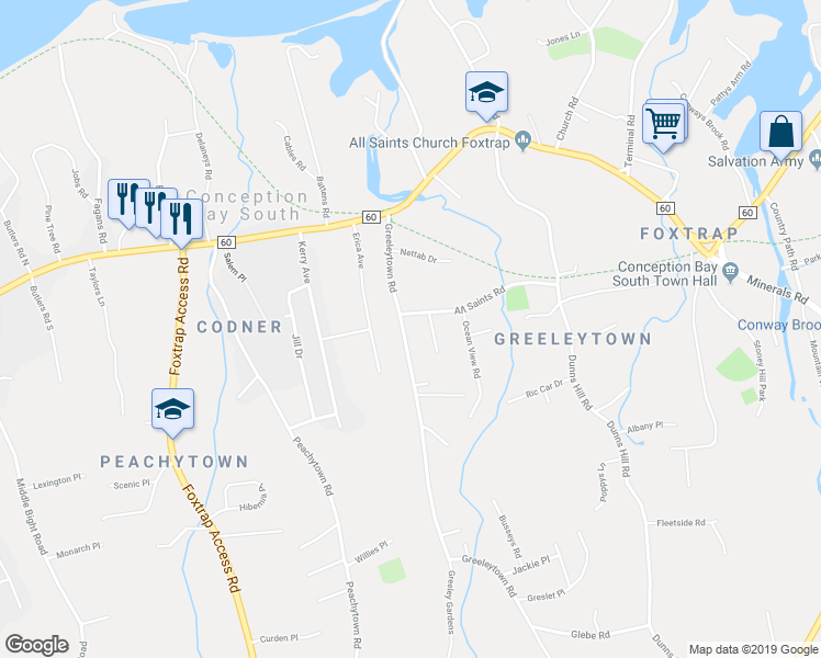 map of restaurants, bars, coffee shops, grocery stores, and more near 35 Greeleytown Road in Conception Bay South