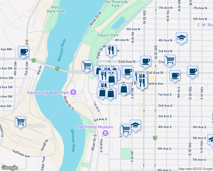 map of restaurants, bars, coffee shops, grocery stores, and more near 122 Central Avenue in Great Falls