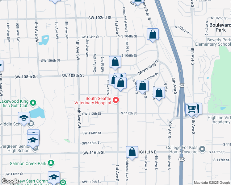 map of restaurants, bars, coffee shops, grocery stores, and more near 10861 1st Avenue South in Seattle