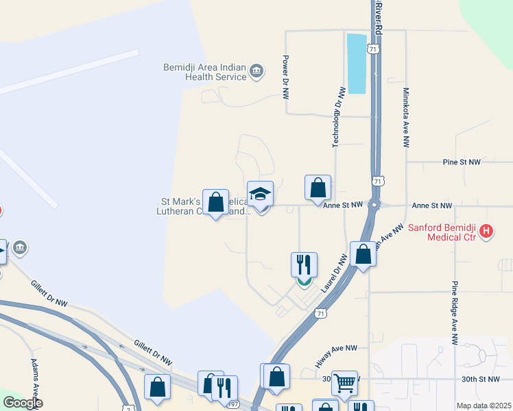 map of restaurants, bars, coffee shops, grocery stores, and more near 4000 Whispering Meadows Court Northwest in Bemidji