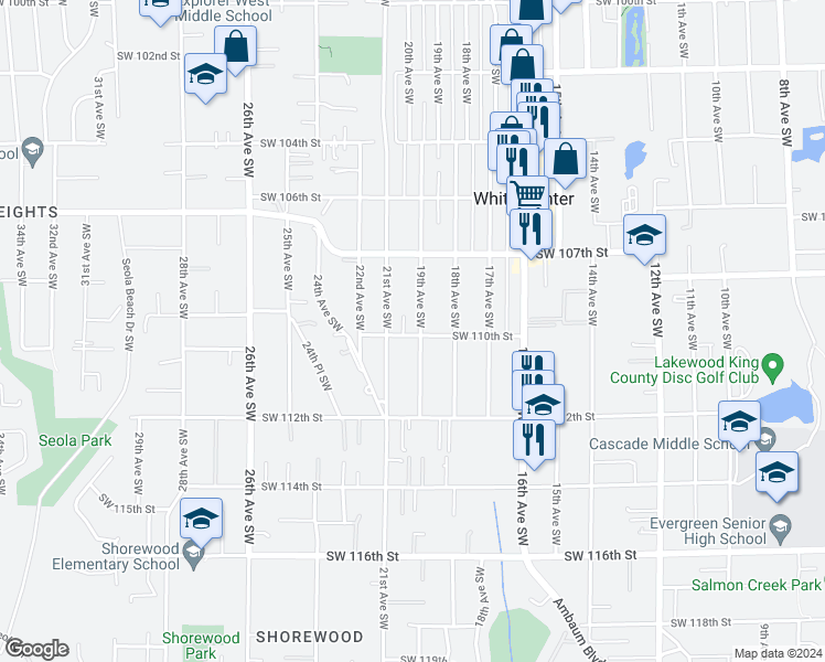 map of restaurants, bars, coffee shops, grocery stores, and more near 10769 19th Avenue Southwest in Seattle