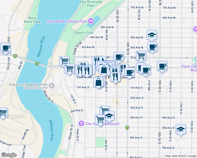 map of restaurants, bars, coffee shops, grocery stores, and more near in Great Falls
