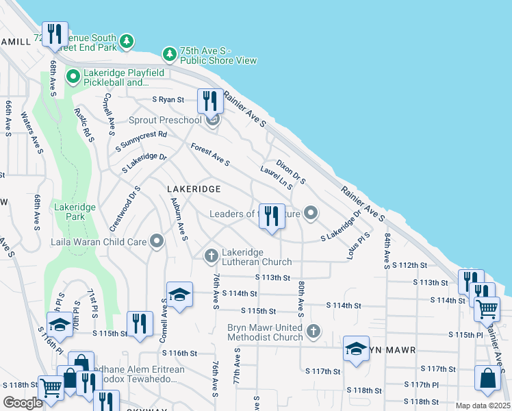 map of restaurants, bars, coffee shops, grocery stores, and more near 7731 South Sunnycrest Road in Seattle
