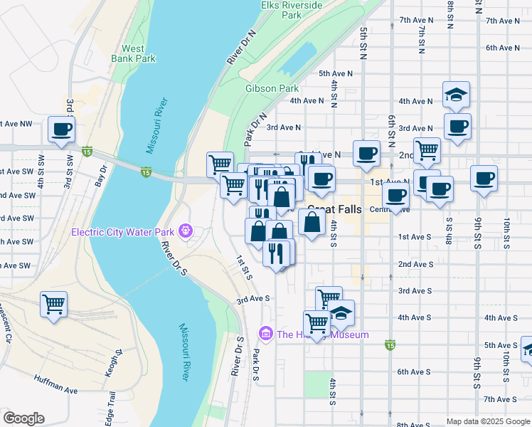 map of restaurants, bars, coffee shops, grocery stores, and more near 122 Central Avenue in Great Falls
