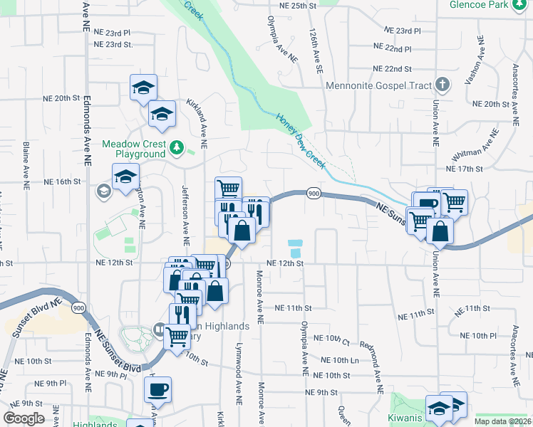 map of restaurants, bars, coffee shops, grocery stores, and more near 1417 Monroe Avenue Northeast in Renton