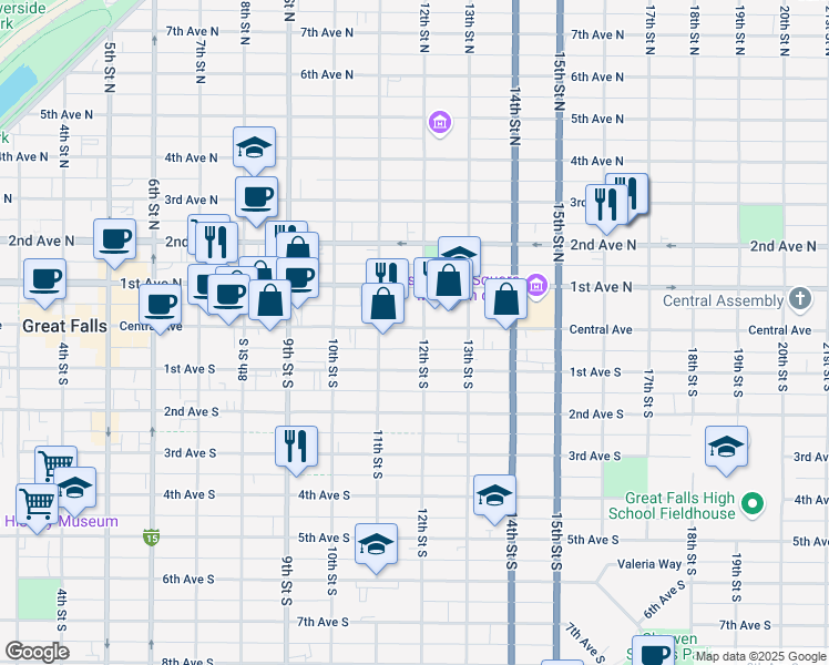 map of restaurants, bars, coffee shops, grocery stores, and more near 4 12th Street South in Great Falls