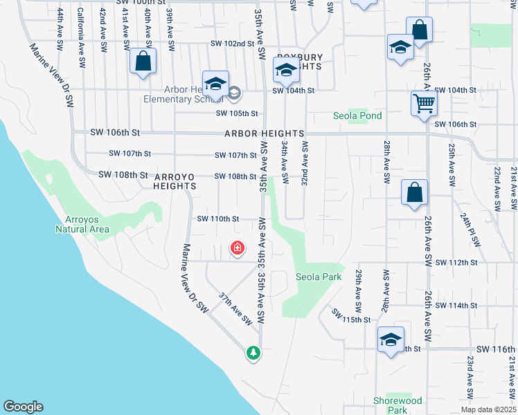 map of restaurants, bars, coffee shops, grocery stores, and more near 10843 35th Avenue Southwest in Seattle