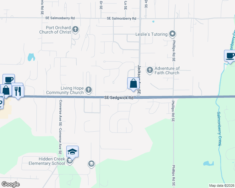 map of restaurants, bars, coffee shops, grocery stores, and more near 2860 Southeast Copper Creek Drive in Port Orchard