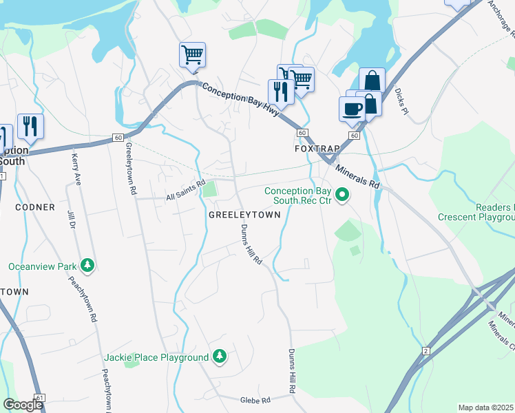 map of restaurants, bars, coffee shops, grocery stores, and more near 7 Jakes Lane in Conception Bay South
