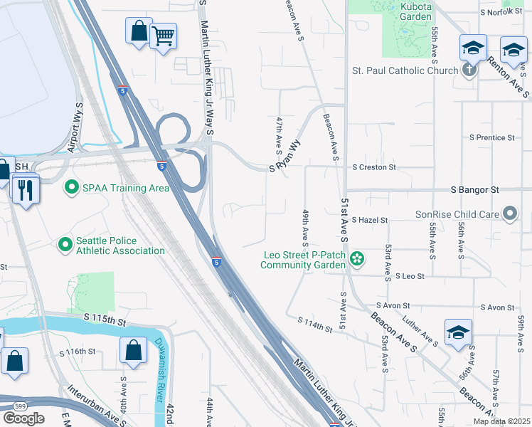 map of restaurants, bars, coffee shops, grocery stores, and more near 4700 South 109th Street in Tukwila