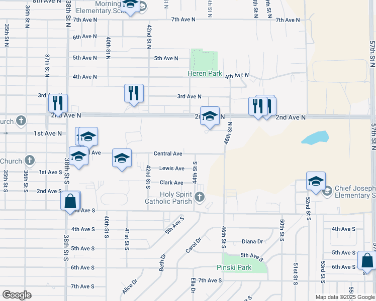 map of restaurants, bars, coffee shops, grocery stores, and more near 4251 Central Avenue in Great Falls