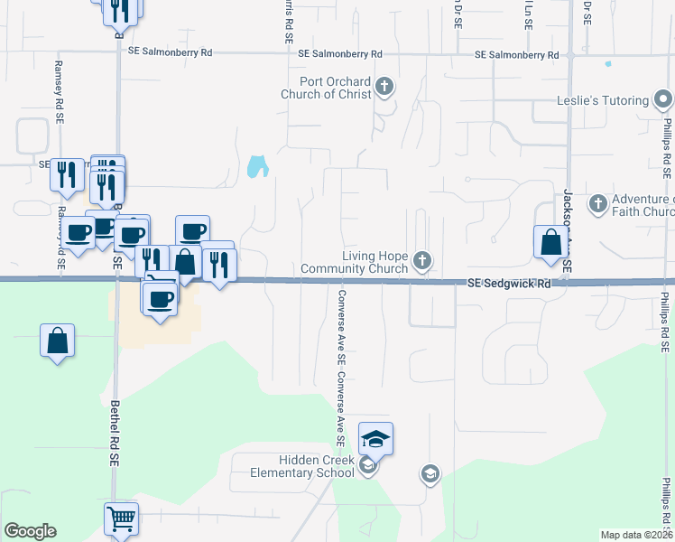 map of restaurants, bars, coffee shops, grocery stores, and more near 2815 Converse Avenue Southeast in Port Orchard