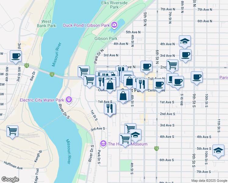 map of restaurants, bars, coffee shops, grocery stores, and more near 220 Central Avenue in Great Falls
