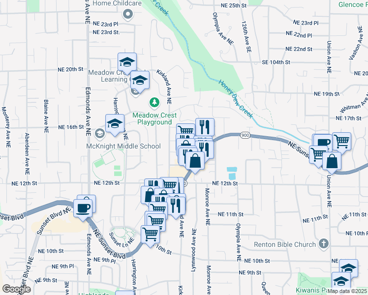 map of restaurants, bars, coffee shops, grocery stores, and more near 3112 Northeast 14th Street in Renton