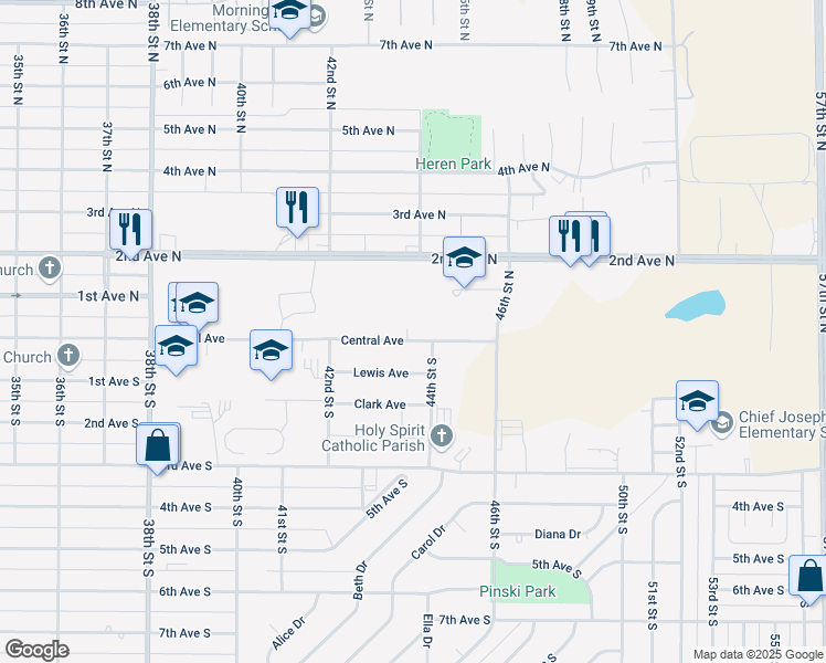 map of restaurants, bars, coffee shops, grocery stores, and more near 4251 Central Avenue in Great Falls