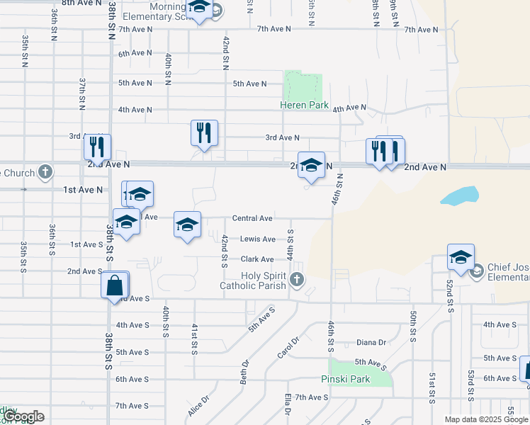 map of restaurants, bars, coffee shops, grocery stores, and more near 4232 Central Avenue in Great Falls