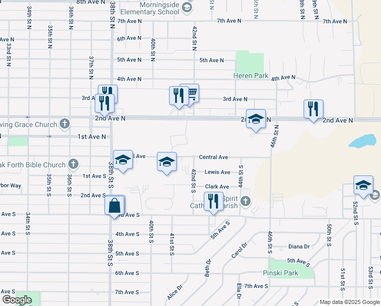 map of restaurants, bars, coffee shops, grocery stores, and more near 4115 Central Avenue in Great Falls
