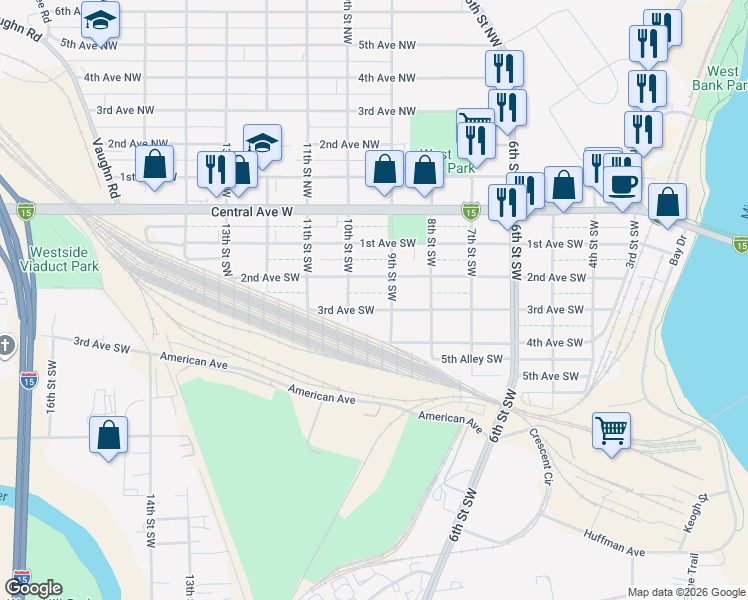 map of restaurants, bars, coffee shops, grocery stores, and more near 931 3rd Avenue Southwest in Great Falls