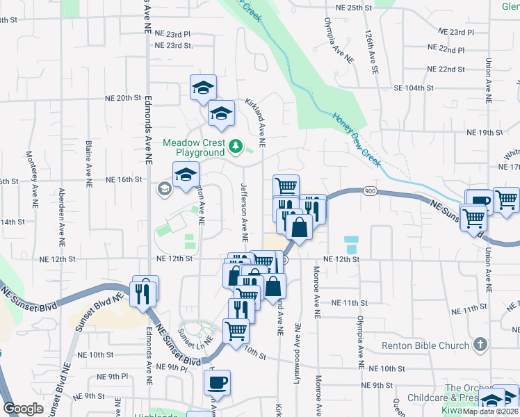 map of restaurants, bars, coffee shops, grocery stores, and more near 1410 Jefferson Avenue Northeast in Renton