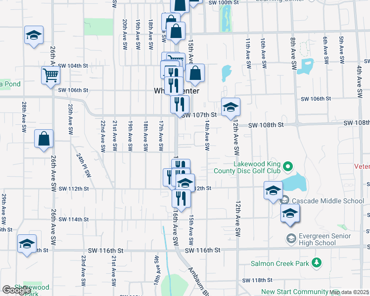 map of restaurants, bars, coffee shops, grocery stores, and more near 10790 16th Avenue Southwest in Seattle