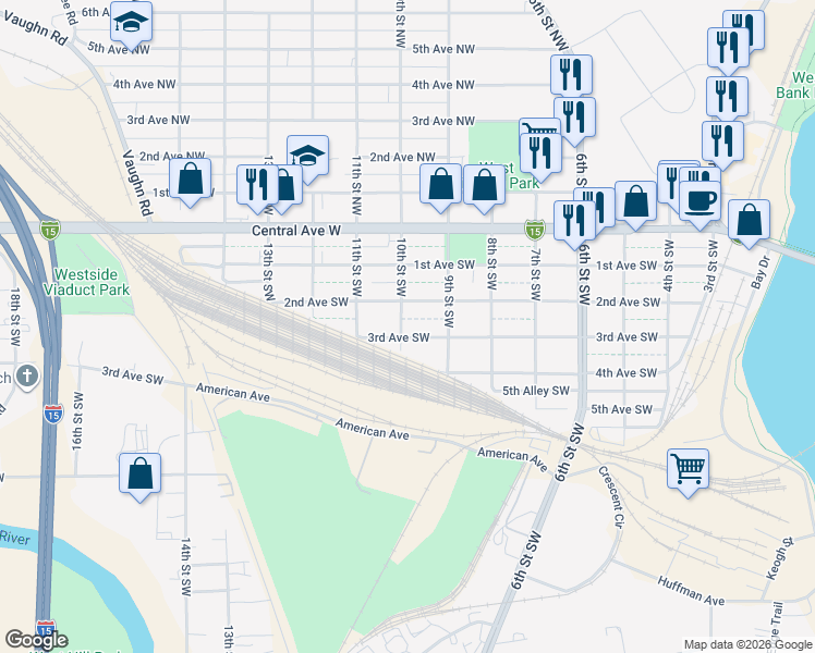 map of restaurants, bars, coffee shops, grocery stores, and more near 931 3rd Avenue Southwest in Great Falls