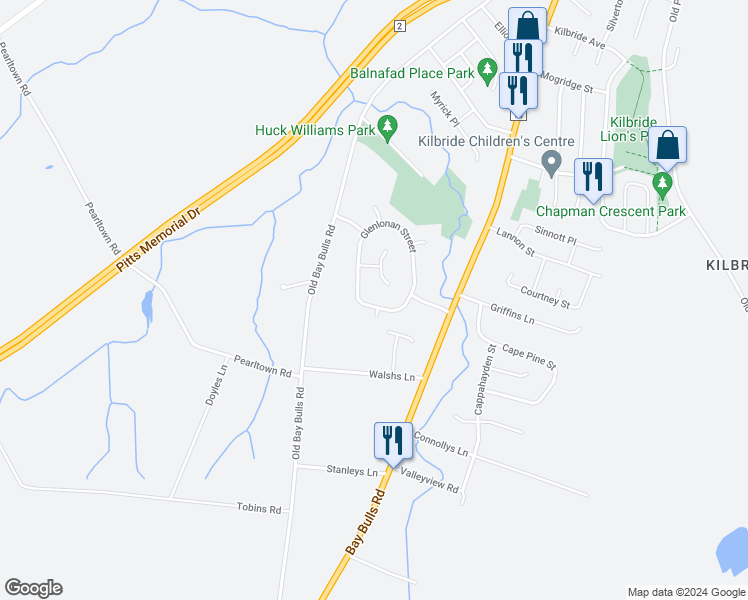 map of restaurants, bars, coffee shops, grocery stores, and more near 27 Glenlonan Street in Saint John's