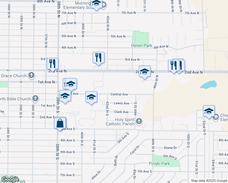 map of restaurants, bars, coffee shops, grocery stores, and more near 4208 Central Avenue in Great Falls