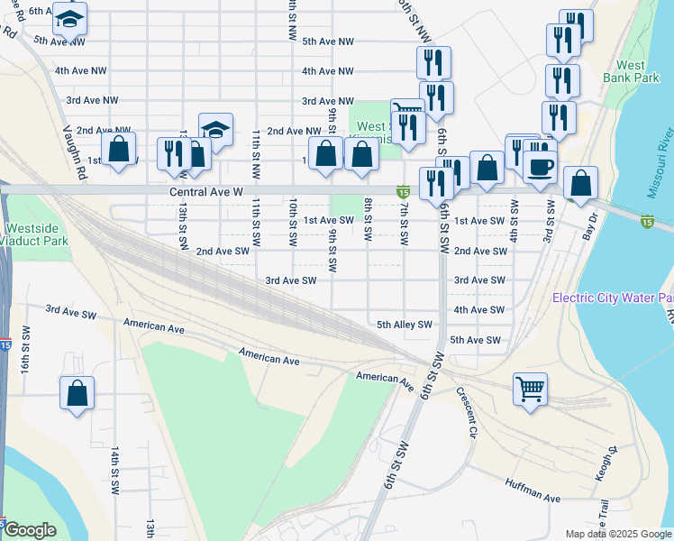map of restaurants, bars, coffee shops, grocery stores, and more near 825 3rd Avenue Southwest in Great Falls