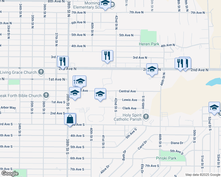 map of restaurants, bars, coffee shops, grocery stores, and more near 4115 Central Avenue in Great Falls