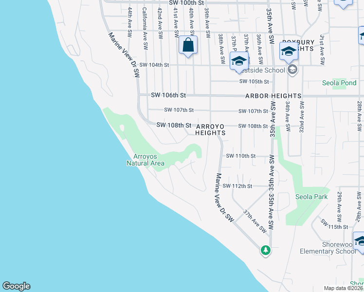 map of restaurants, bars, coffee shops, grocery stores, and more near 4117 Southwest 109th Street in Seattle