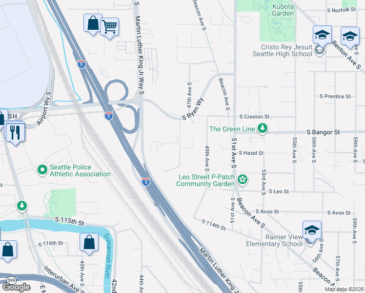 map of restaurants, bars, coffee shops, grocery stores, and more near 4700 South 109th Street in Tukwila