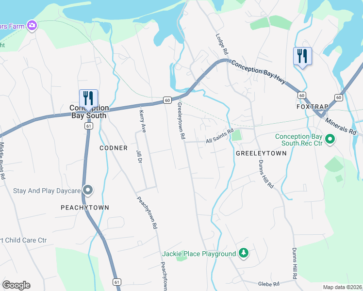 map of restaurants, bars, coffee shops, grocery stores, and more near 40 Greeleytown Road in Conception Bay South
