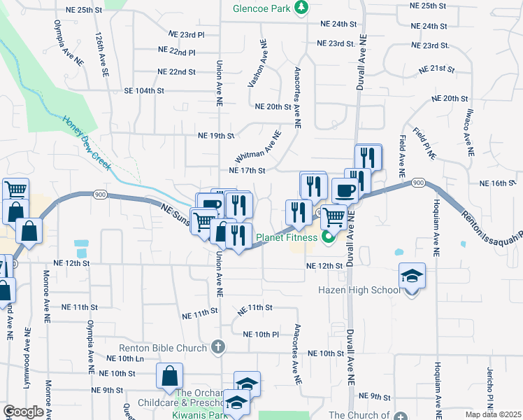 map of restaurants, bars, coffee shops, grocery stores, and more near 4308 Northeast Sunset Boulevard in Renton