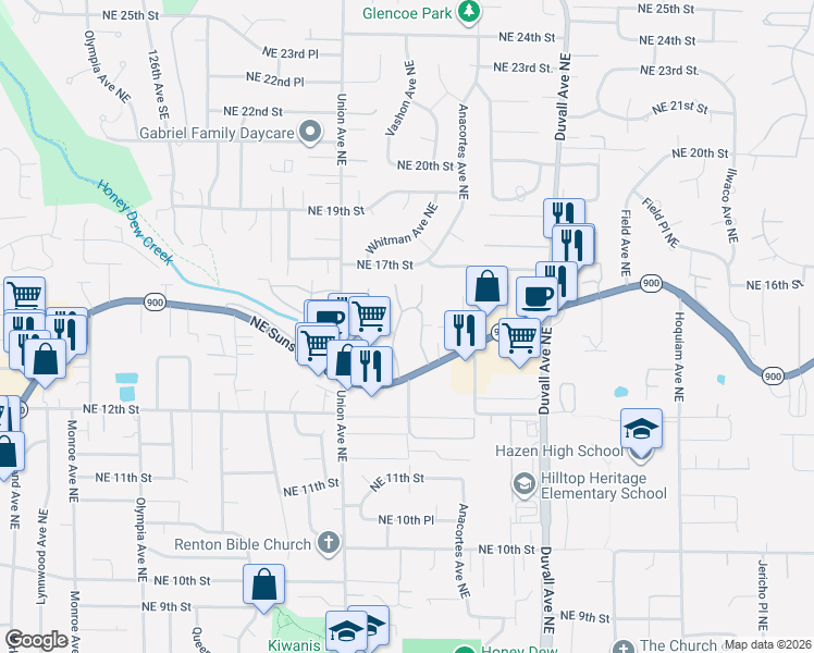 map of restaurants, bars, coffee shops, grocery stores, and more near 4308 Northeast Sunset Boulevard in Renton