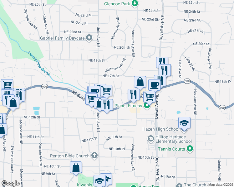 map of restaurants, bars, coffee shops, grocery stores, and more near 4308 Northeast Sunset Boulevard in Renton