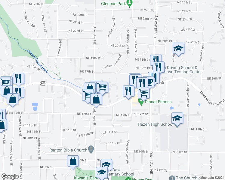 map of restaurants, bars, coffee shops, grocery stores, and more near 4308 Northeast Sunset Boulevard in Renton