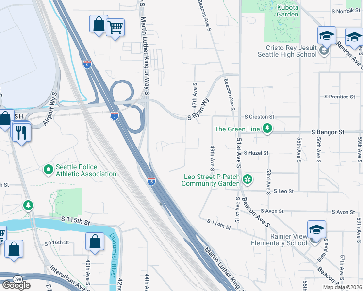 map of restaurants, bars, coffee shops, grocery stores, and more near 10831 47th Avenue South in Tukwila