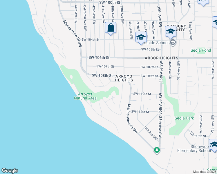map of restaurants, bars, coffee shops, grocery stores, and more near 4117 Southwest 109th Street in Seattle