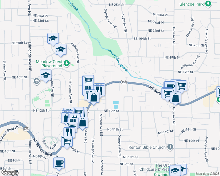 map of restaurants, bars, coffee shops, grocery stores, and more near 1414 Monroe Avenue Northeast in Renton