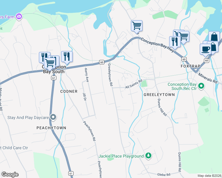 map of restaurants, bars, coffee shops, grocery stores, and more near 35 Greeleytown Road in Conception Bay South