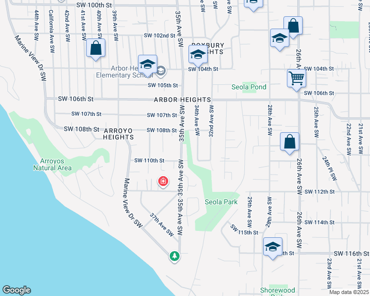 map of restaurants, bars, coffee shops, grocery stores, and more near 10832 35th Avenue Southwest in Seattle