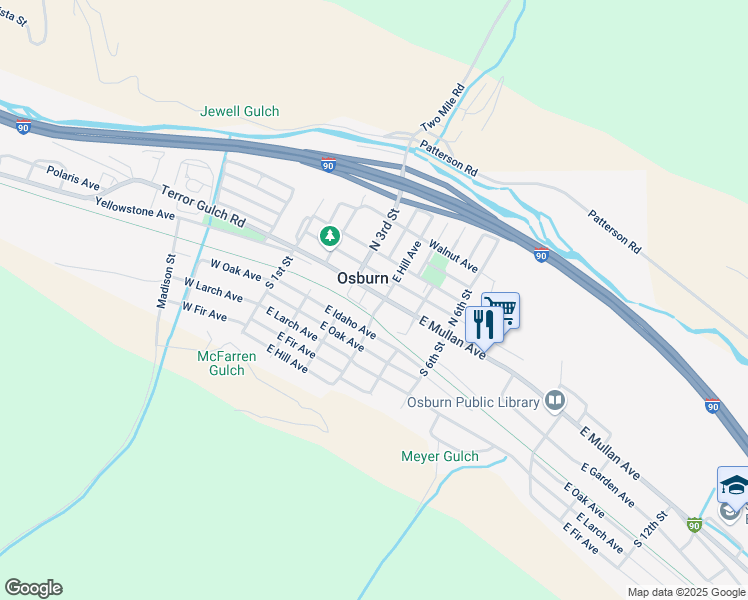 map of restaurants, bars, coffee shops, grocery stores, and more near 327 East Mullan Avenue in Osburn