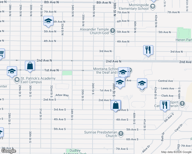 map of restaurants, bars, coffee shops, grocery stores, and more near 3604 Central Avenue in Great Falls
