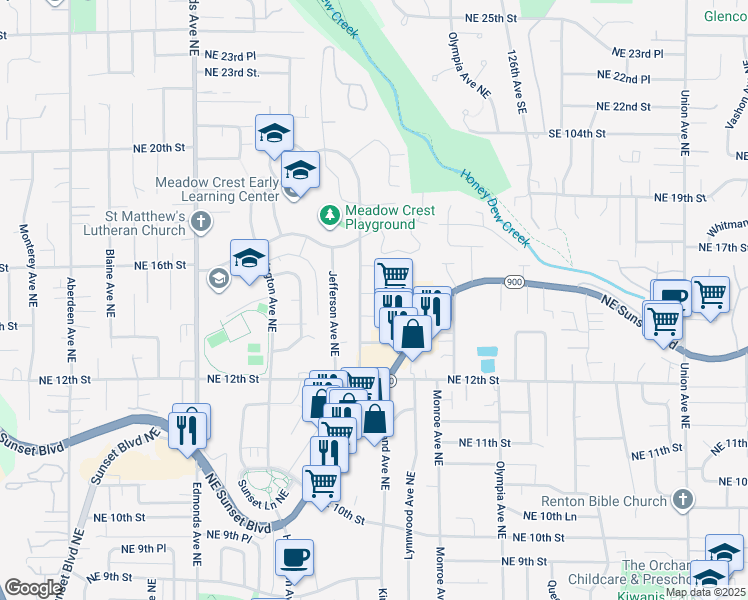 map of restaurants, bars, coffee shops, grocery stores, and more near 3112 Northeast 14th Street in Renton