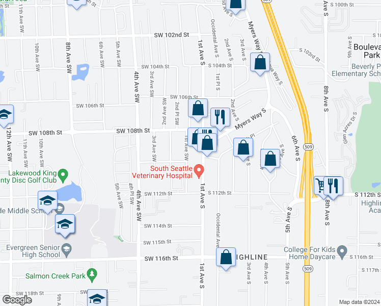 map of restaurants, bars, coffee shops, grocery stores, and more near 10861 1st Avenue South in Seattle