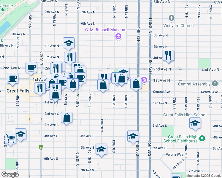 map of restaurants, bars, coffee shops, grocery stores, and more near 1123 Central Avenue in Great Falls